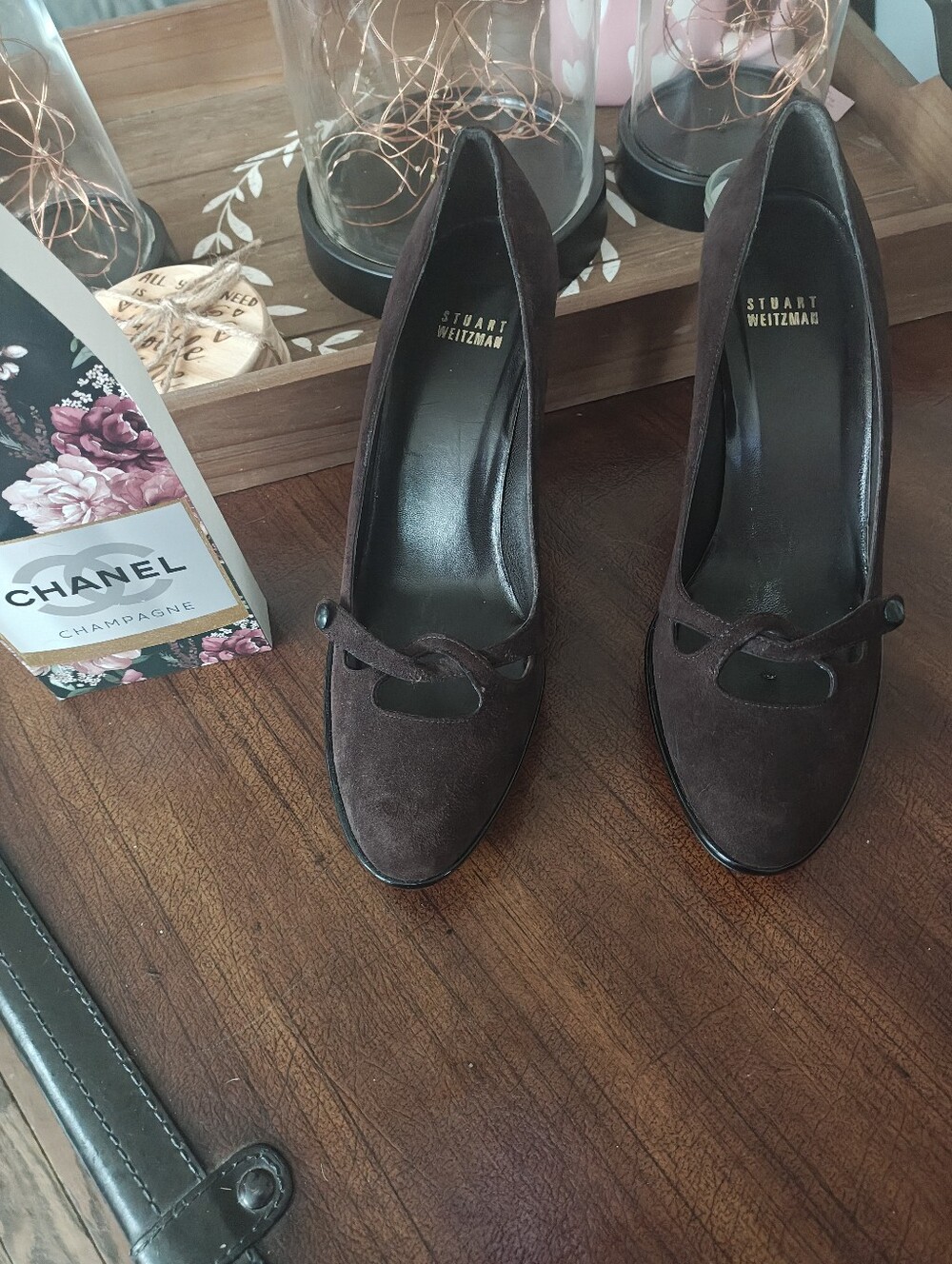 Stuart Weitzman Dark Brown Suede Pointed Toe Pumps with Strap Accent. Size 8